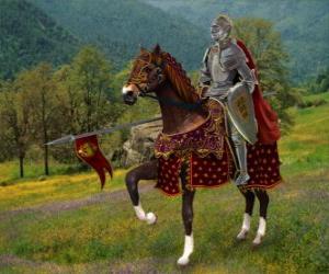 yapboz Knight kask ve zırh ve onun mızrak hazır atını monte edilmiş.